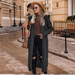 Women Hooded Open Front Cardigan Cable Knit Sweater Coats Gray Chunky Oversized